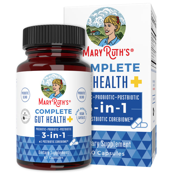 MaryRuth Complete Gut Health Prebiotic, Probiotic & Postbiotic Capsules  Product Image Bottle + Box