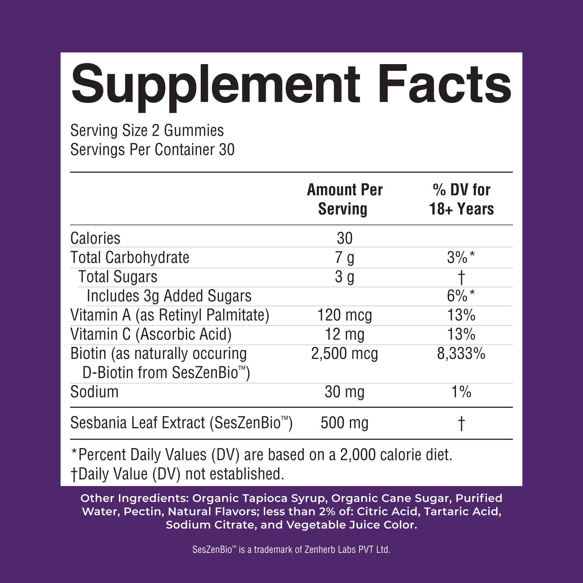 Daily Hair Formula Gummies Blackberry Lemonade 60ct Supplement Facts