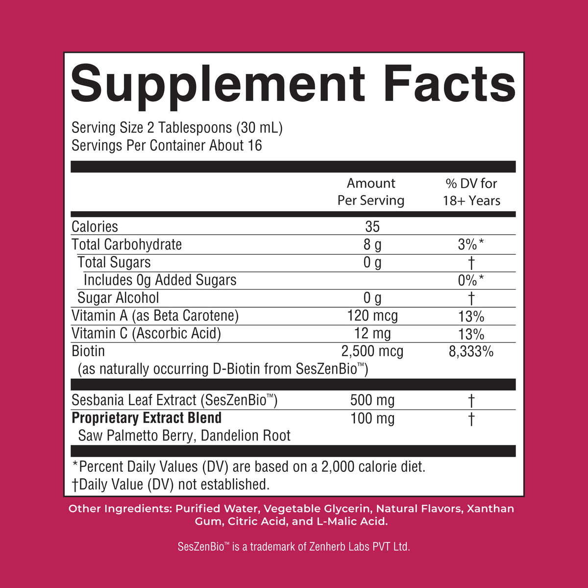 Daily Liquid Hair Formula Strawberry Watermelon 16oz Supplement Facts