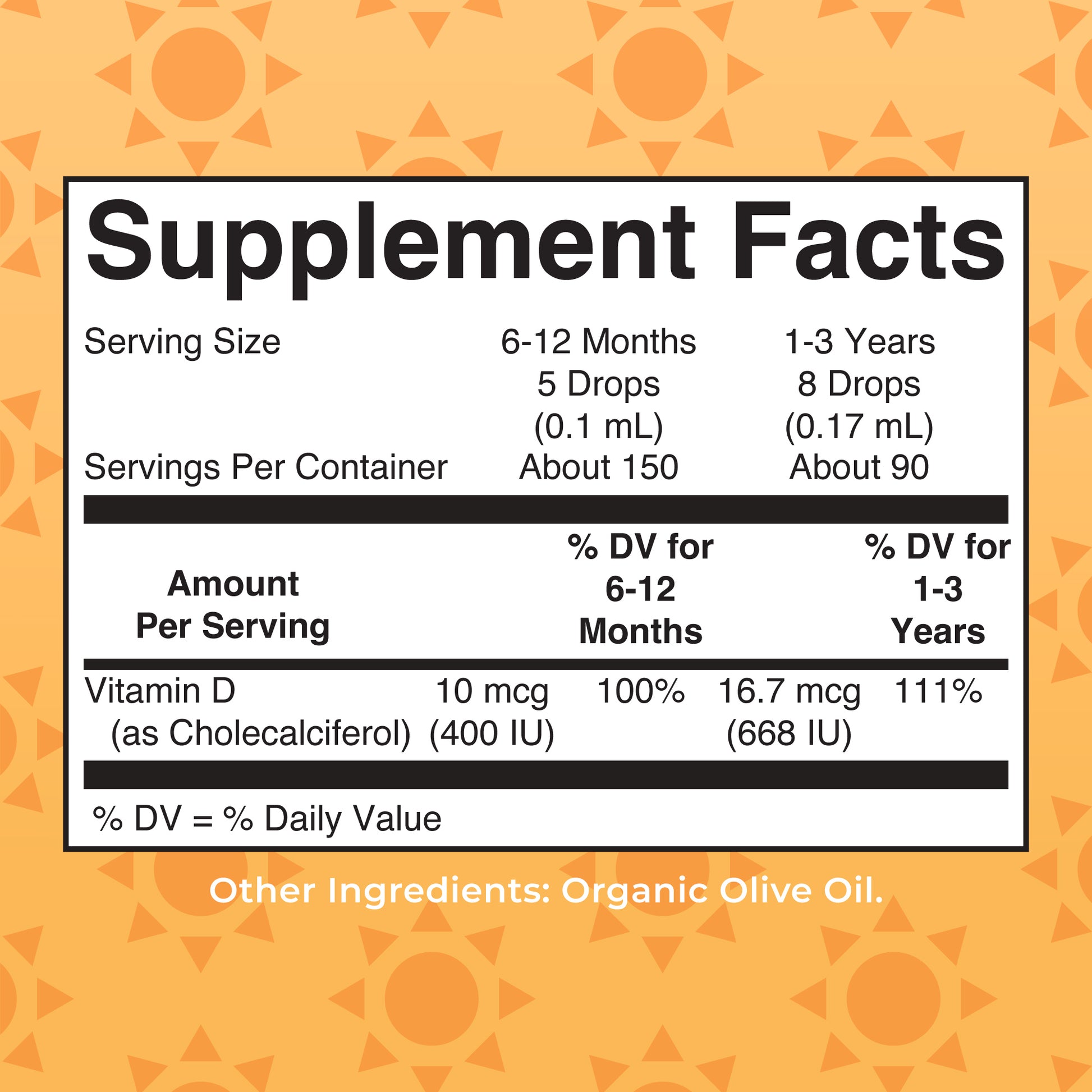 Infant & Toddler Vitamin D3 Organic Liquid Drops Supplement Facts