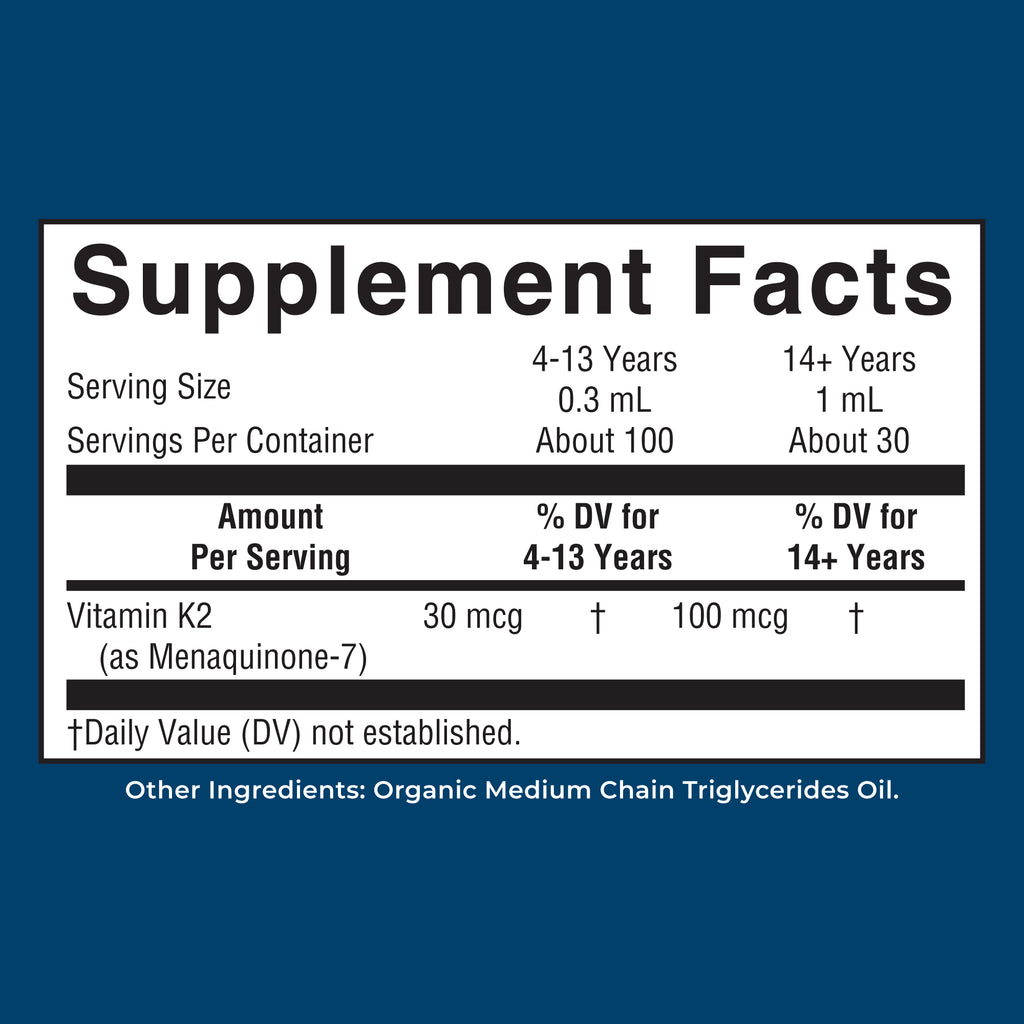 K2 MK7 Organic Drops Unflavored 1oz Supplement Facts
