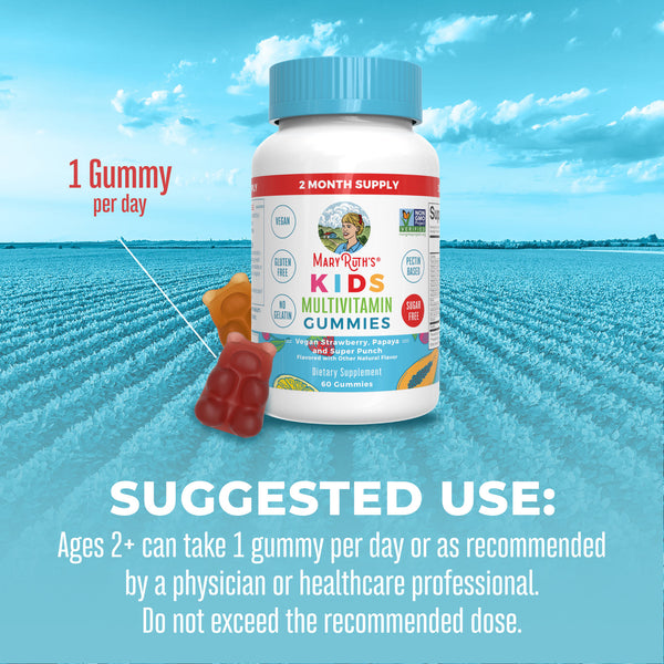 MaryRuth Kids Multivitamin Gummies strawberry, papaya & super punch flavor Suggested Use