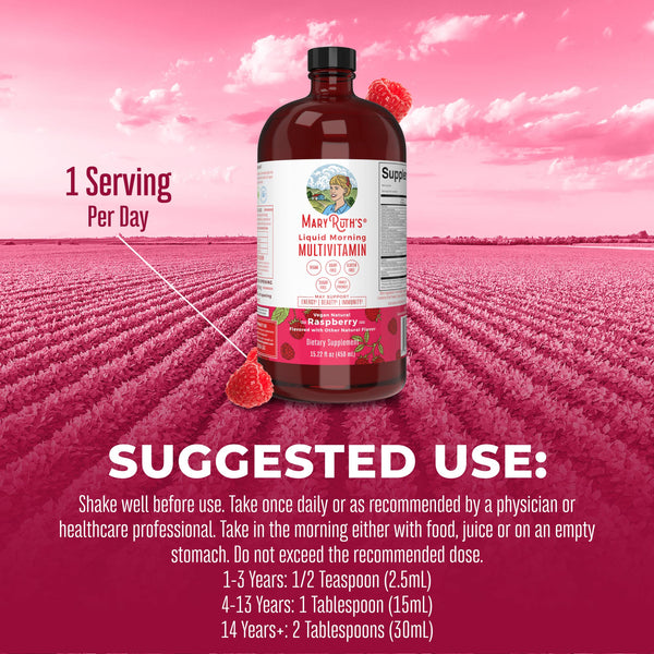 MaryRuth Liquid Morning Multivitamin 16oz Raspberry flavor Suggested Use