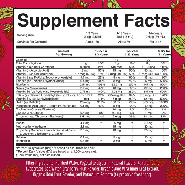 MaryRuth Liquid Morning Multivitamin 16oz Raspberry flavor Supplement Facts