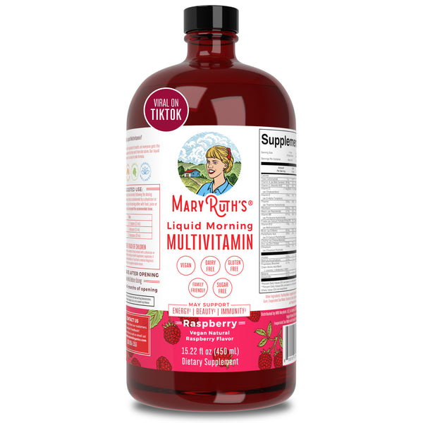 MaryRuth Liquid Morning Multivitamin 16oz Raspberry flavor Product Image Bottle + 