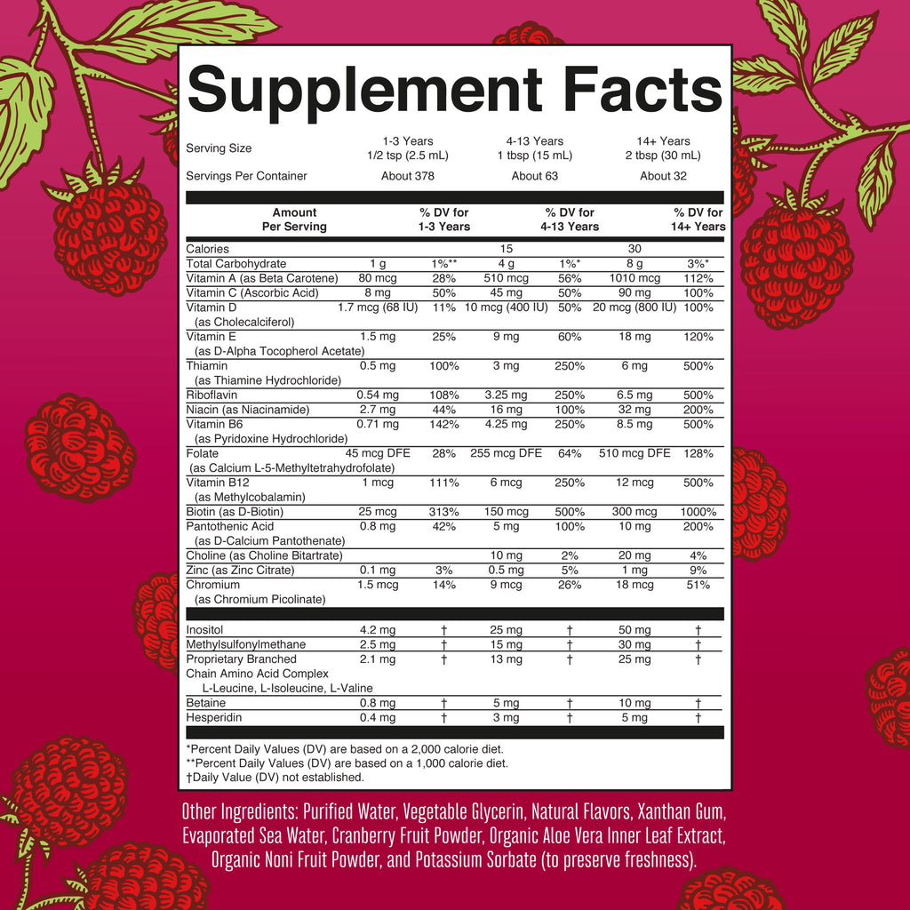 Liquid Morning Multivitamin 32oz Bottle Raspberry Supplement Facts