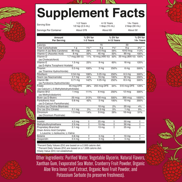 MaryRuth Liquid Morning Multivitamin Raspberry flavor Supplement Facts