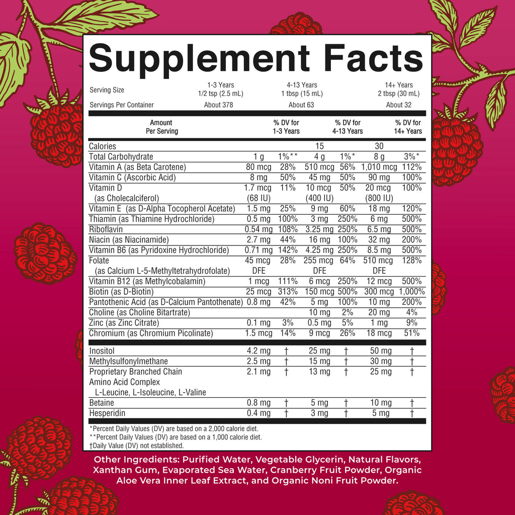 Liquid Morning Multivitamin 32oz Raspberry Supplement Facts