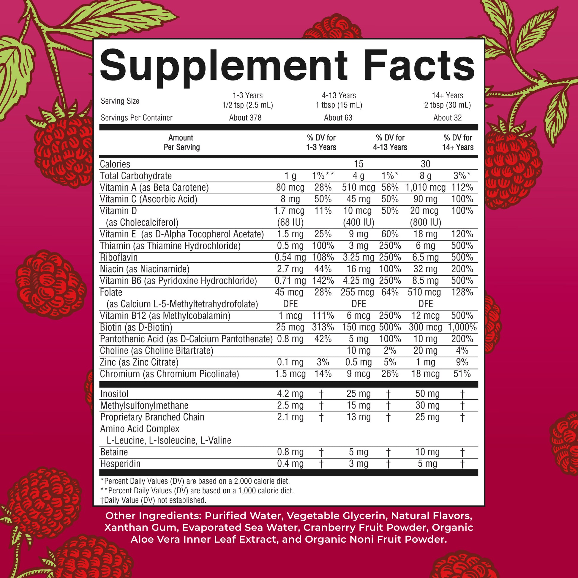 Liquid Morning Multivitamin 32oz Raspberry Supplement Facts