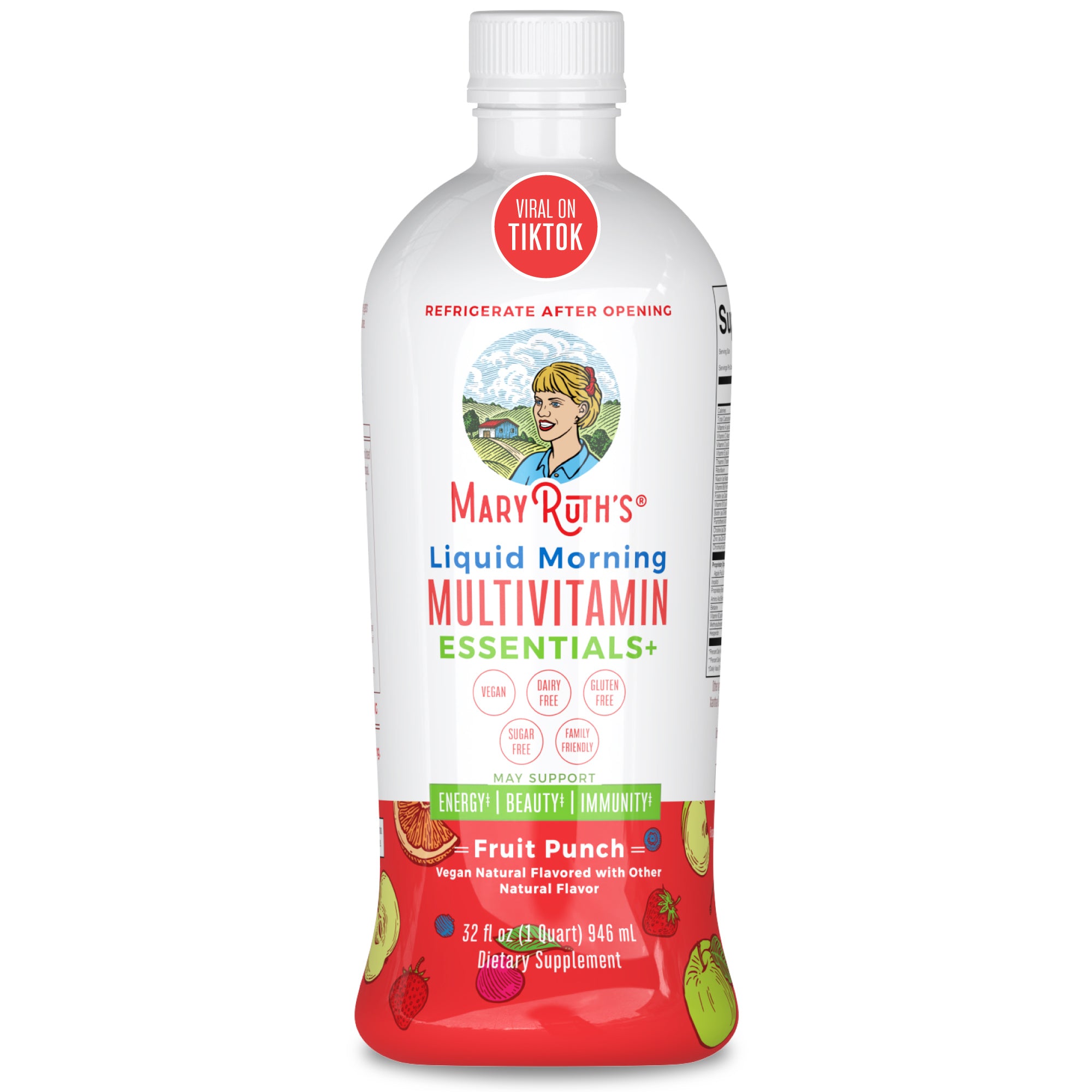 MaryRuth Liquid Morning Multivitamin Essentials+ Fruit Punch Flavor Product Image Bottle + 