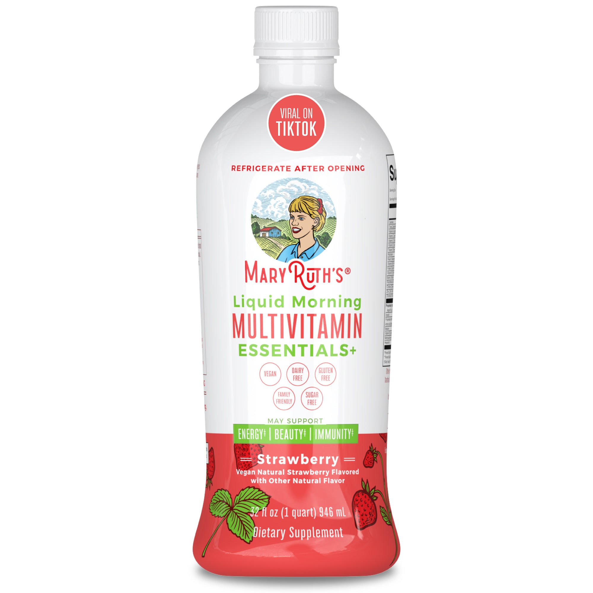 MaryRuth Liquid Morning Multivitamin Essentials+ Strawberry Flavor Product Image Bottle + 