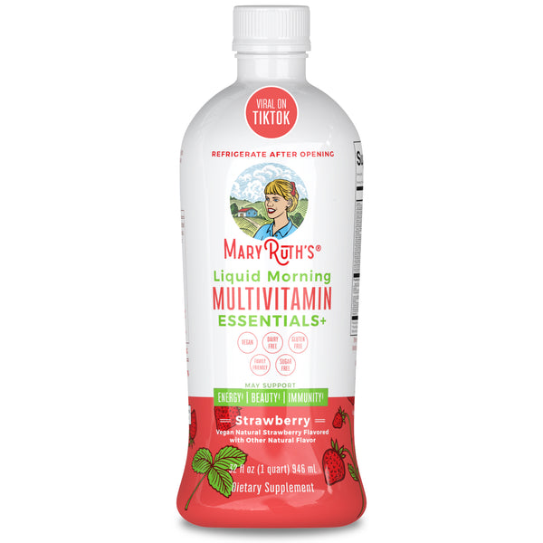 MaryRuth Liquid Morning Multivitamin Essentials+ Strawberry Flavor Product Image Bottle + 