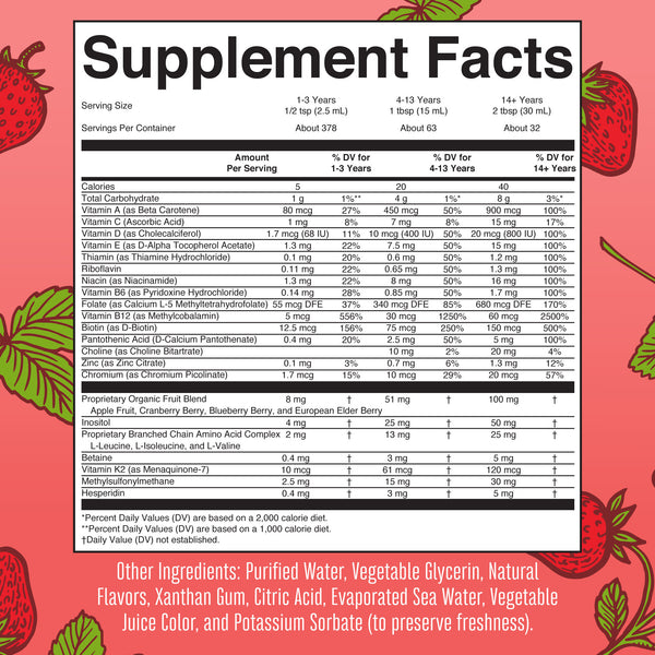 MaryRuth Liquid Morning Multivitamin Essentials+ Strawberry Flavor Supplement Facts