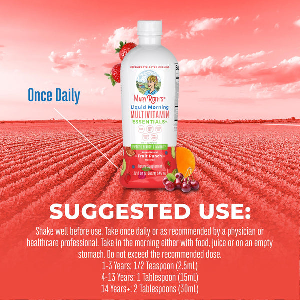 MaryRuth Liquid Morning Multivitamin Essentials+ Fruit Punch Flavor Suggested Use