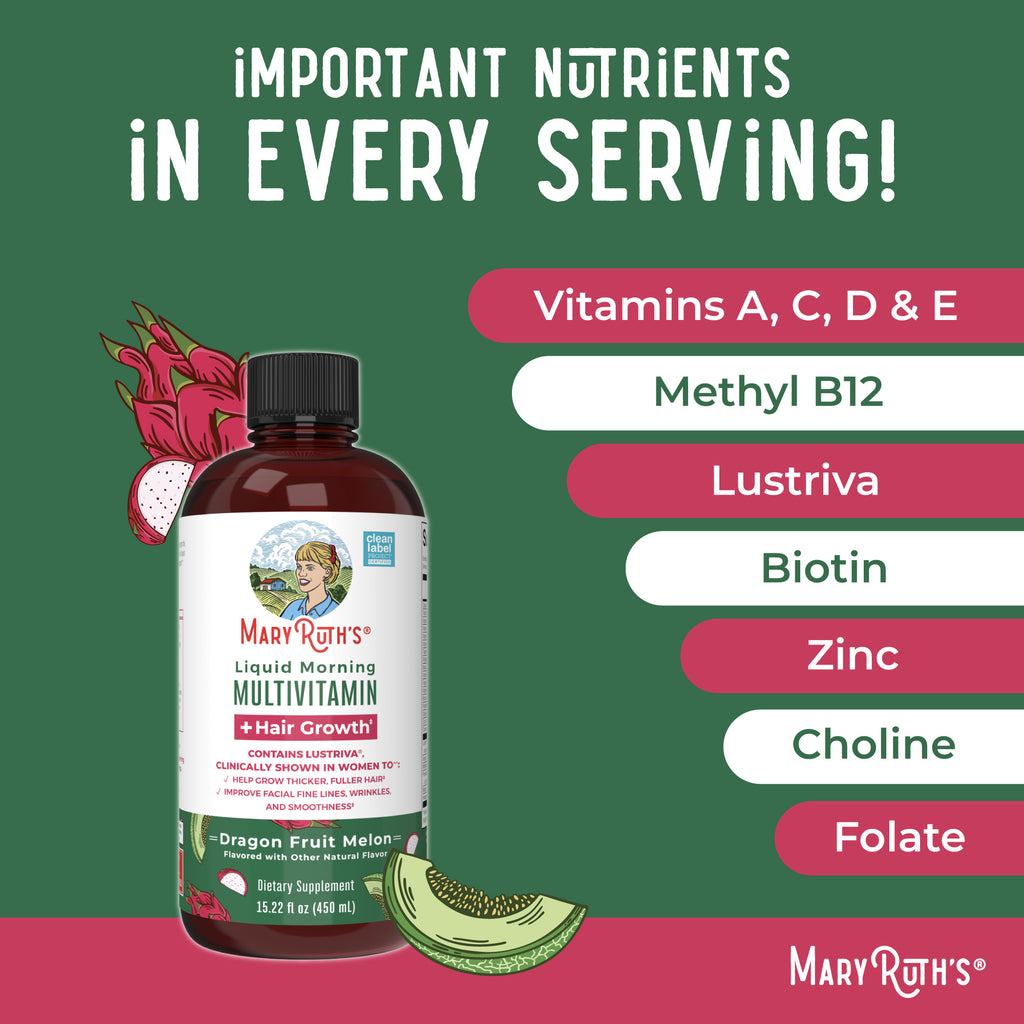 Liquid Morning Multivitamin + Hair Growth Dragon Fruit Melon 15.22oz Ingredients