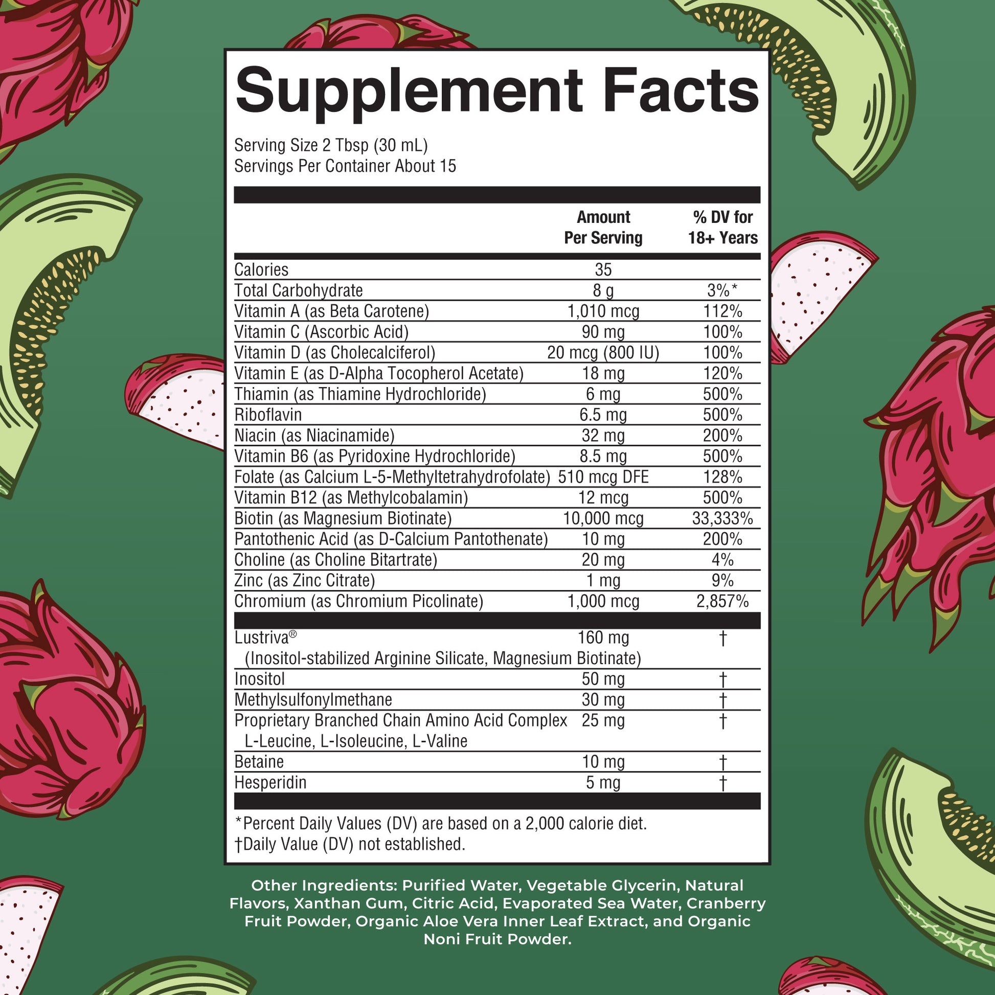 Liquid Morning Multivitamin + Hair Growth Dragon Fruit Melon 15.22oz Supplement Facts