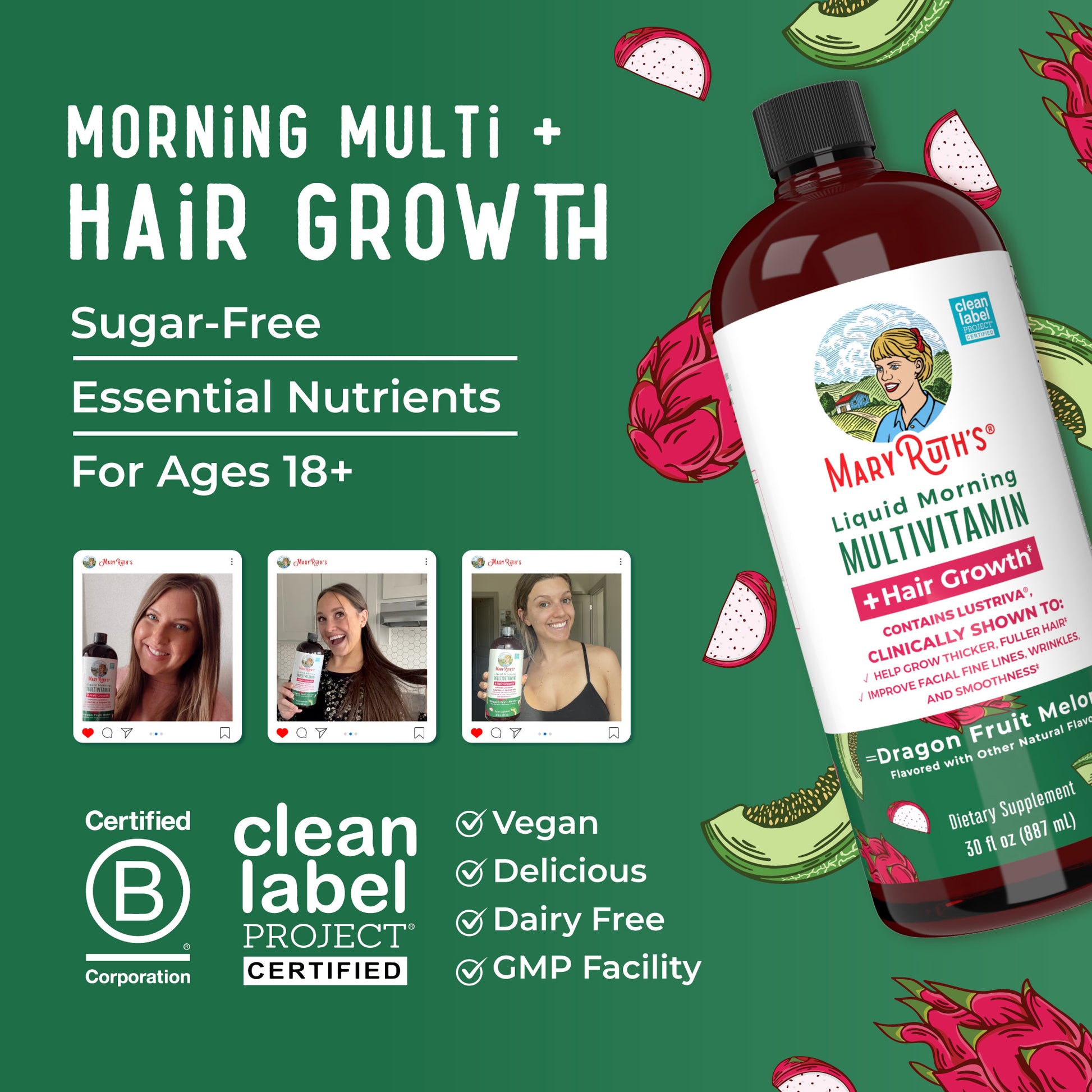 Liquid Morning Multivitamin + Hair Growth Dragon Fruit Melon 8