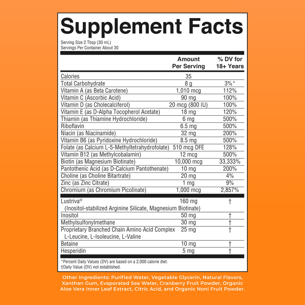 Liquid Morning Multivitamin + Hair Growth Peach Mango 30oz Supplement Facts