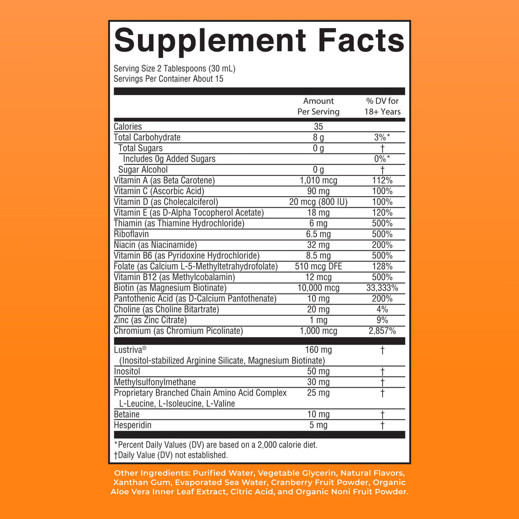 Liquid Morning Multivitamin + Hair Growth 15oz Peach Mango Supplement Facts