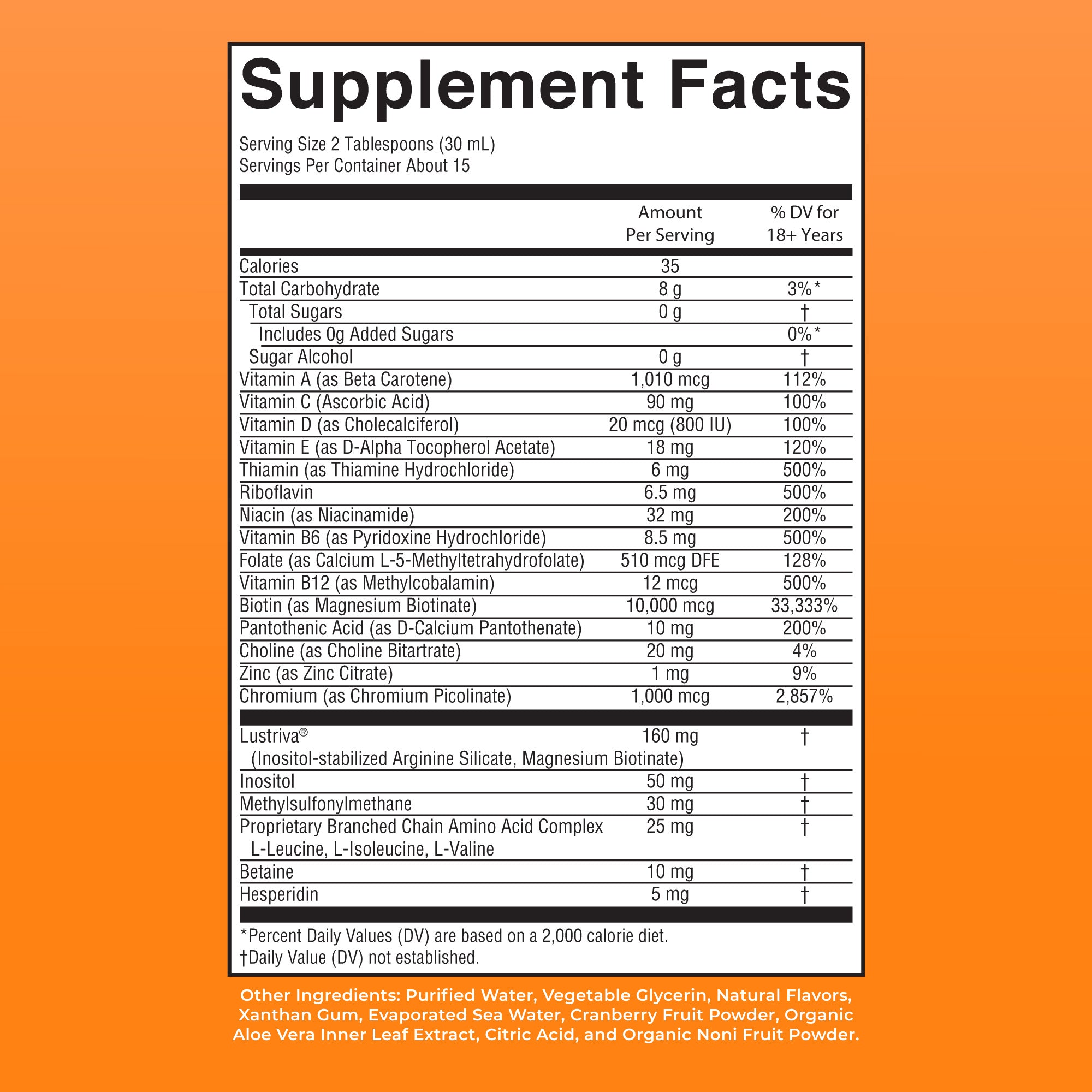 Liquid Morning Multivitamin + Hair Growth 15oz Peach Mango Supplement Facts