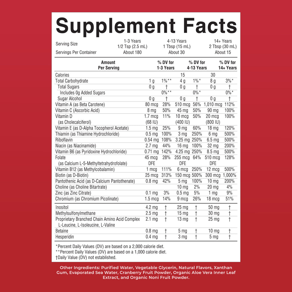 Liquid Morning Multivitamin Raspberry 15oz Supplement Facts 2