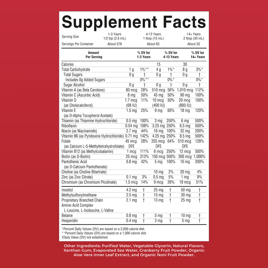 Liquid Morning Multivitamin Raspberry 32oz Supplement Facts