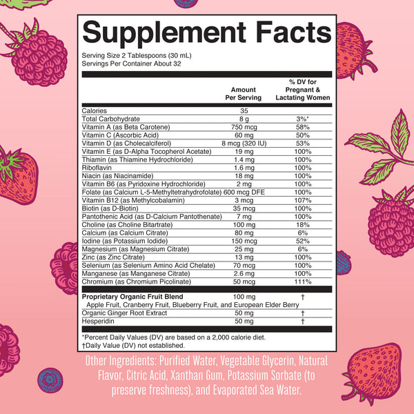 MaryRuth Prenatal & Postnatal Liquid Multivitamin 32oz Berry flavor Supplement Facts