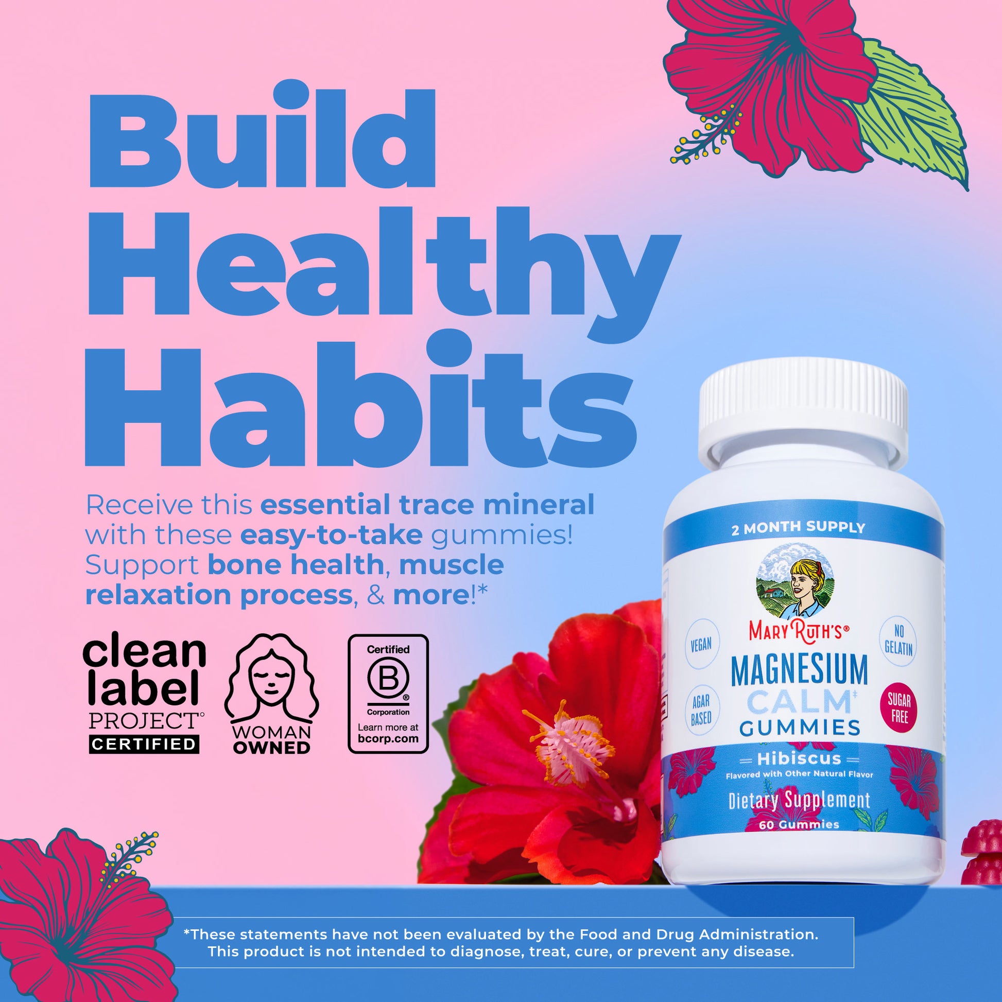Magnesium Calm Gummies Hibiscus 60ct Build Healthy Habits