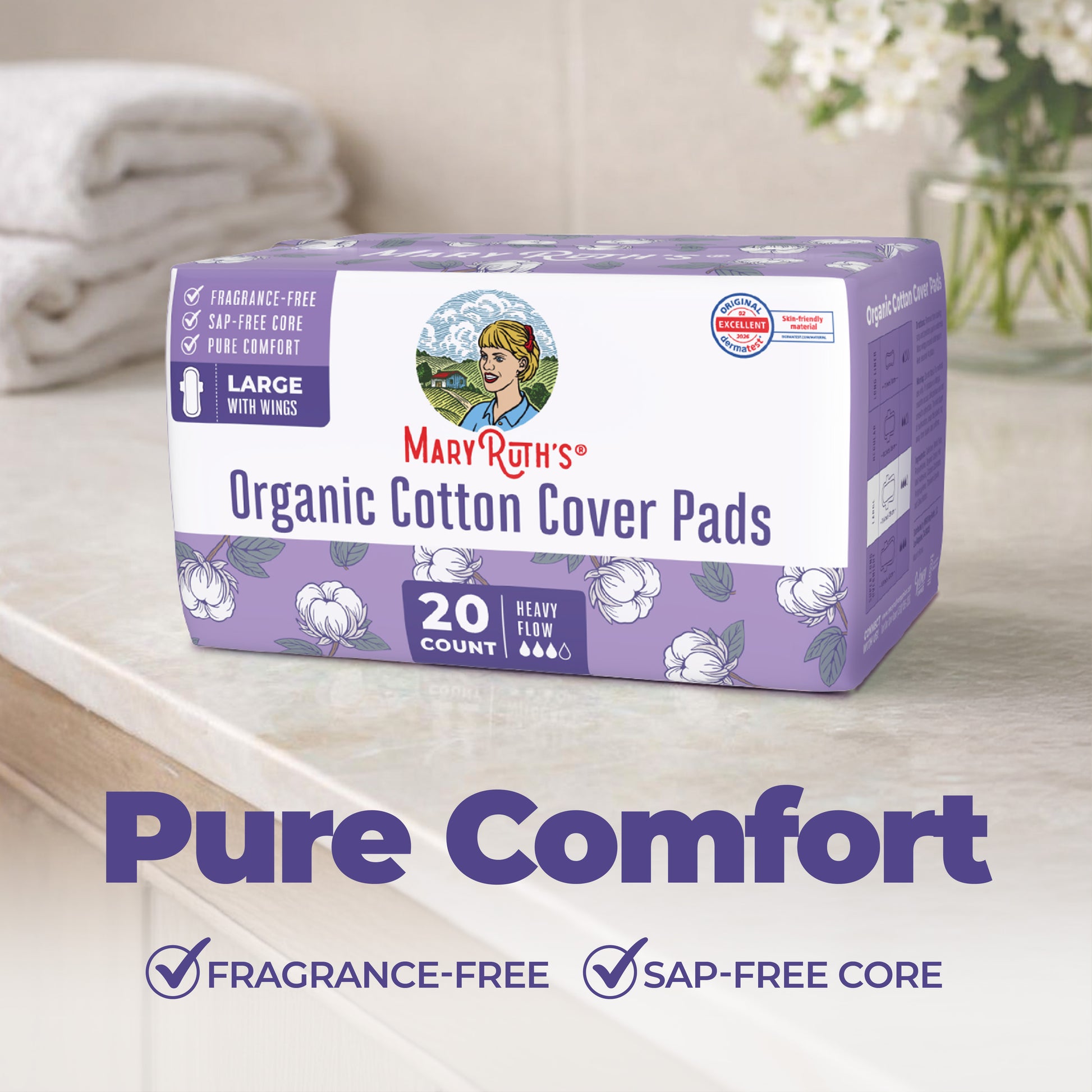 Organic Cotton Cover Pads Large Heavy Flow 20ct Pure Comfort