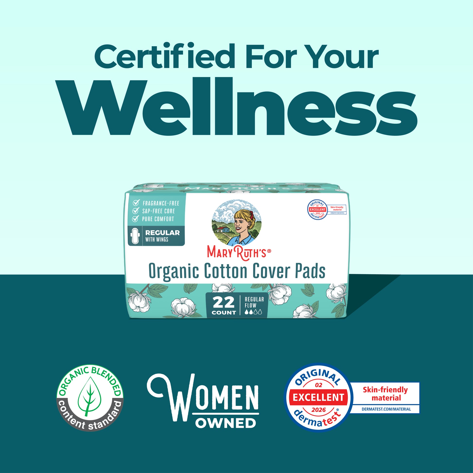Organic Cotton Cover Pads Regular Flow 22ct Certified For Your Wellness