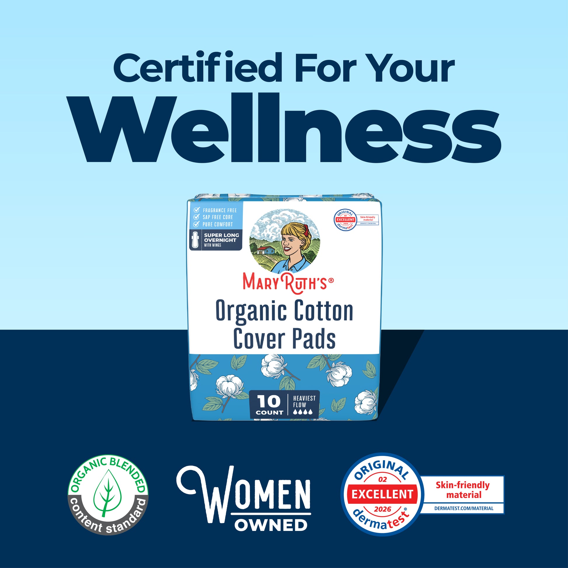 Organic Cotton Cover Pads Super Long Overnight Overnight Heaviest Flow 10ct Certified For Your Wellness