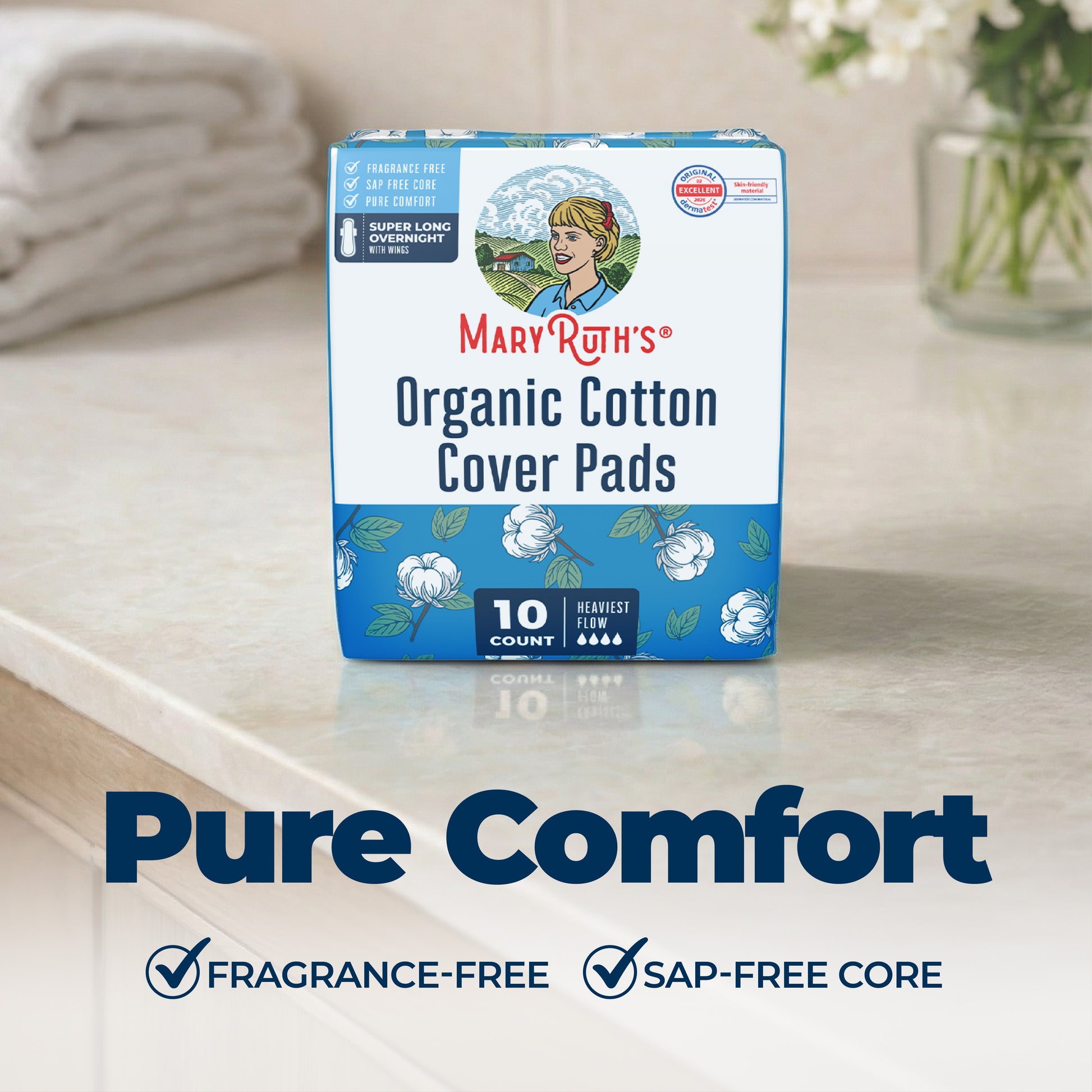 Organic Cotton Cover Pads Super Long Overnight Overnight Heaviest Flow 10ct Pure Comfort