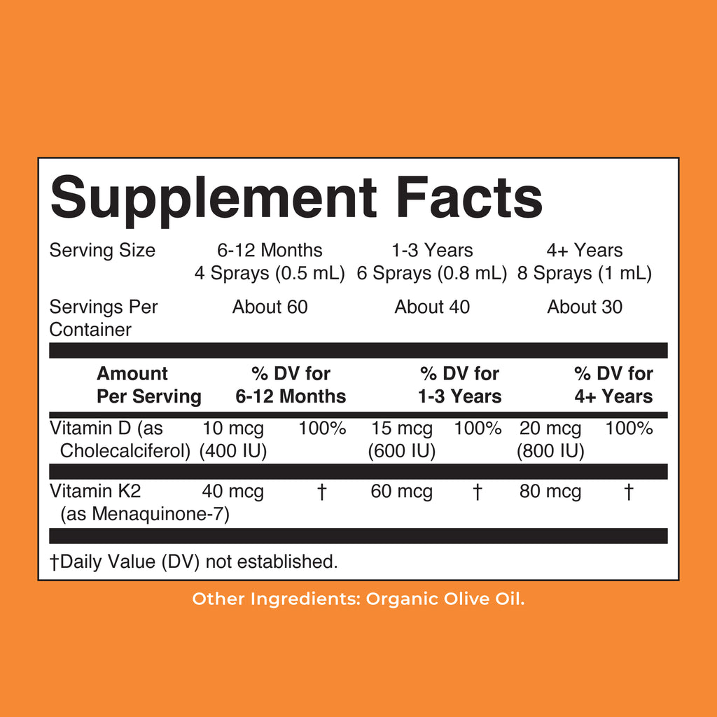 Organic D3 K2 Spray Unflavored 1oz Supplement Facts