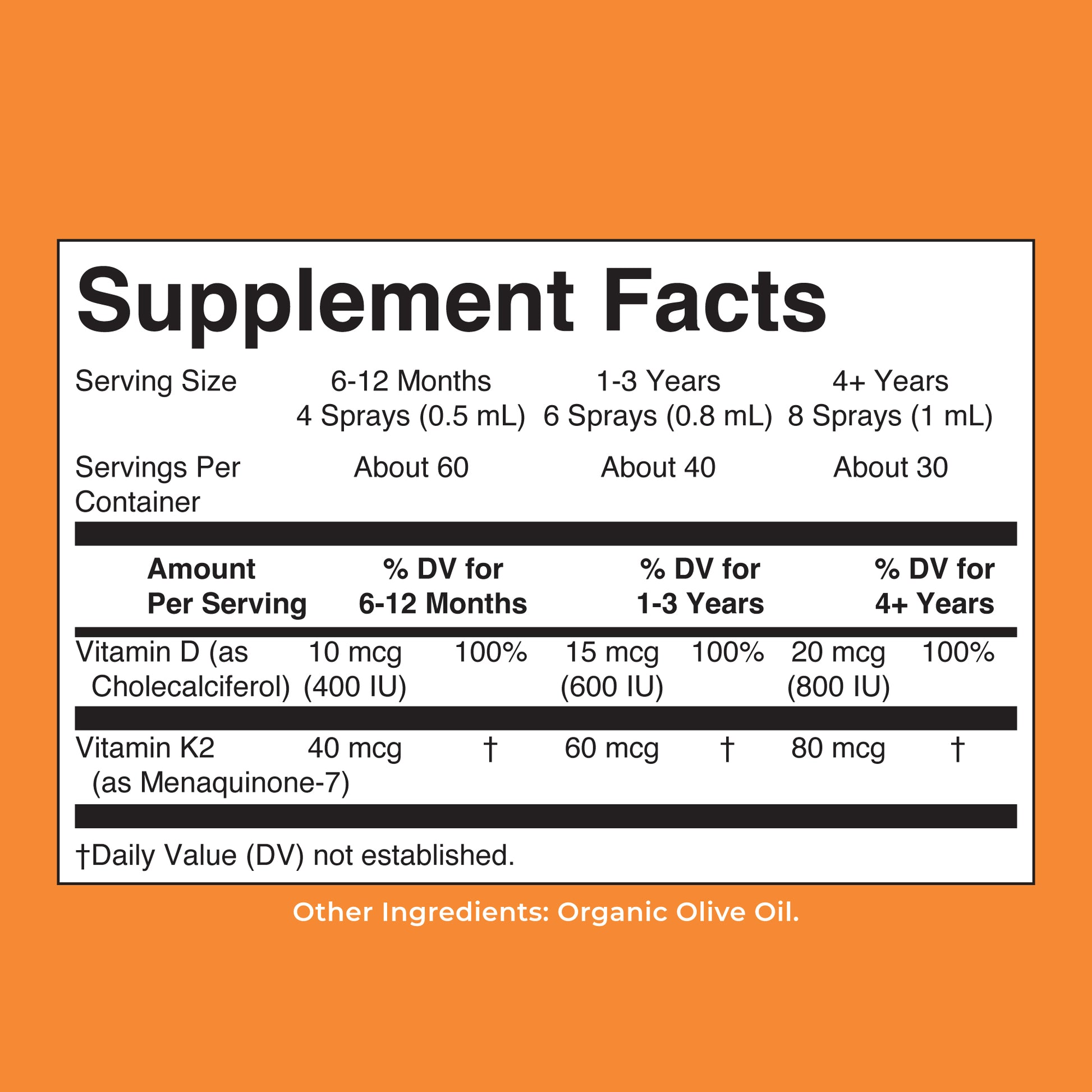 Organic D3 K2 Spray Unflavored 1oz Supplement Facts