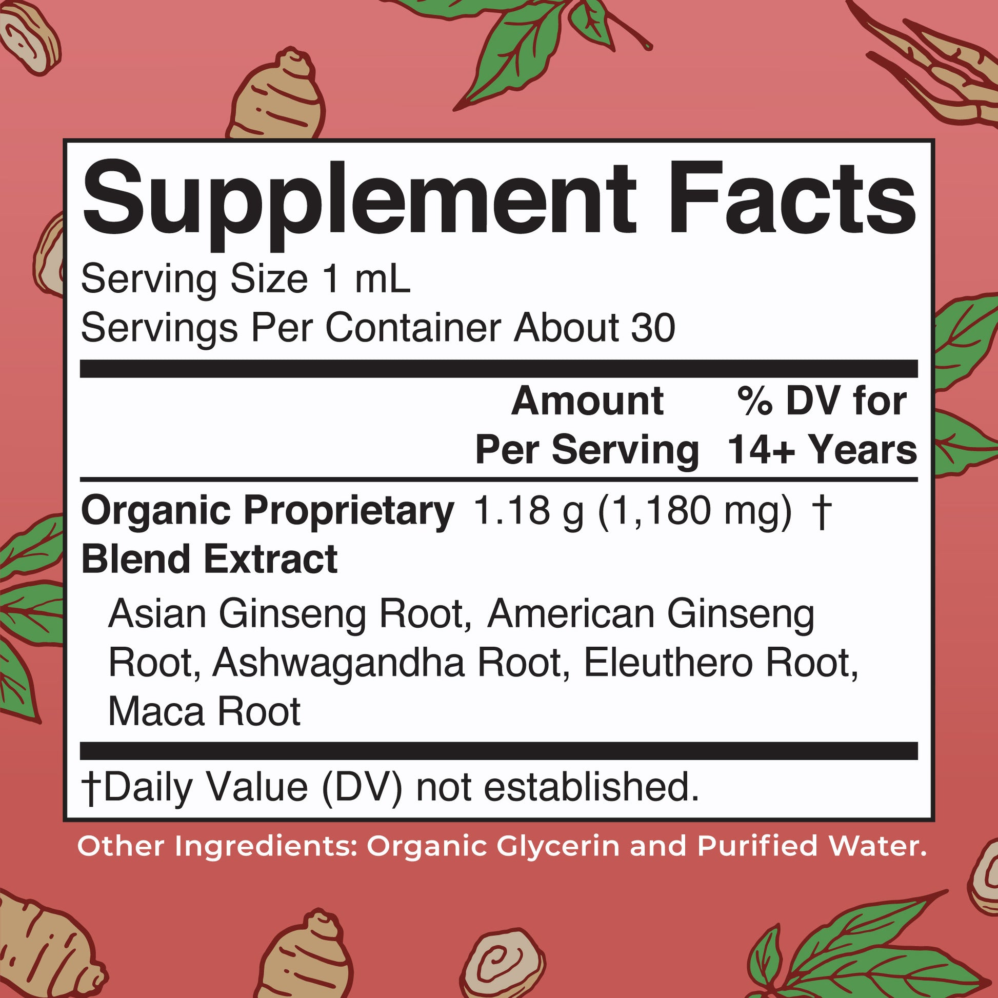 Organic Ginseng Vitality Herbal Blend Liquid Drops Supplement Facts