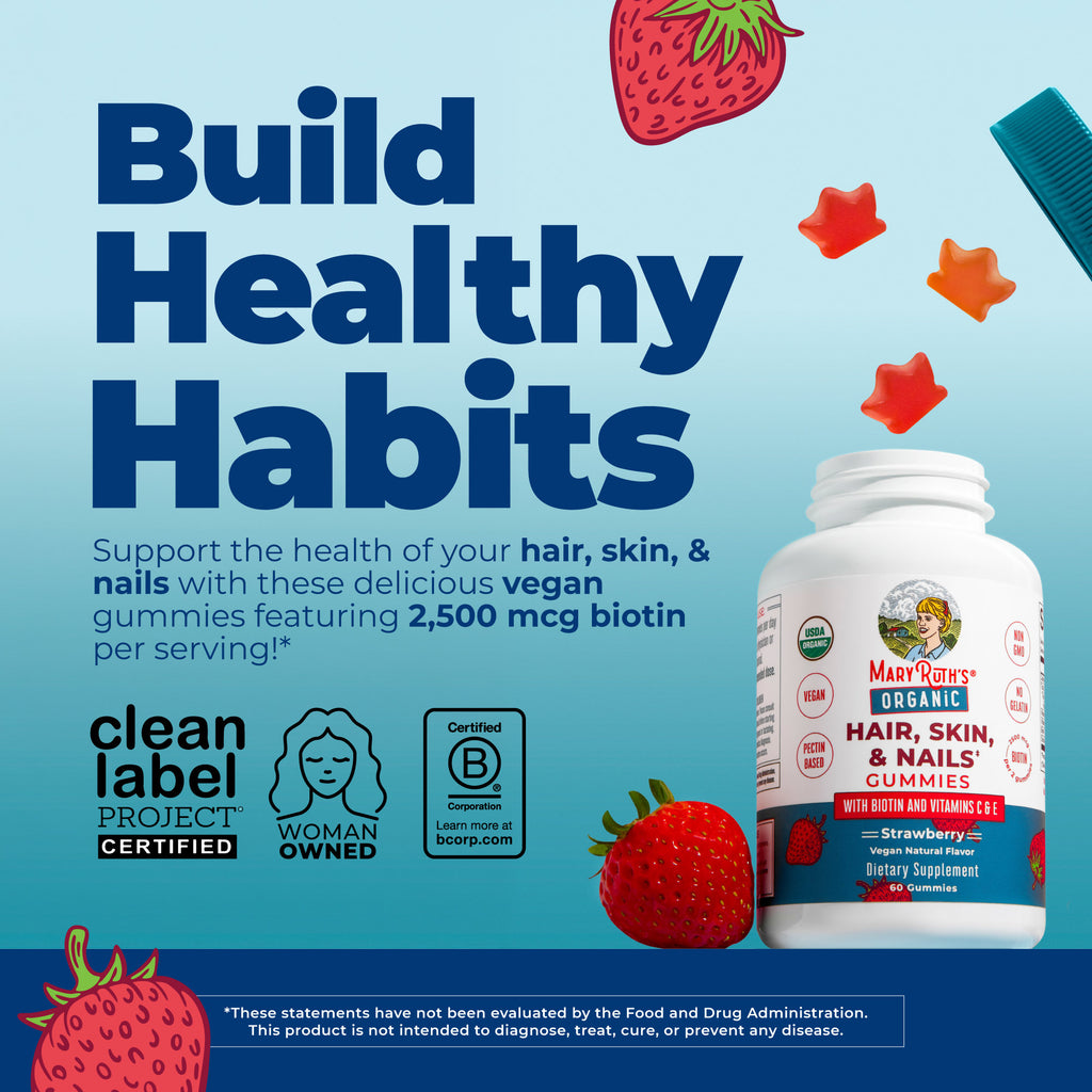 Organic Hair Skin Nails Gummies Strawberry 60ct Build Healthy Habits