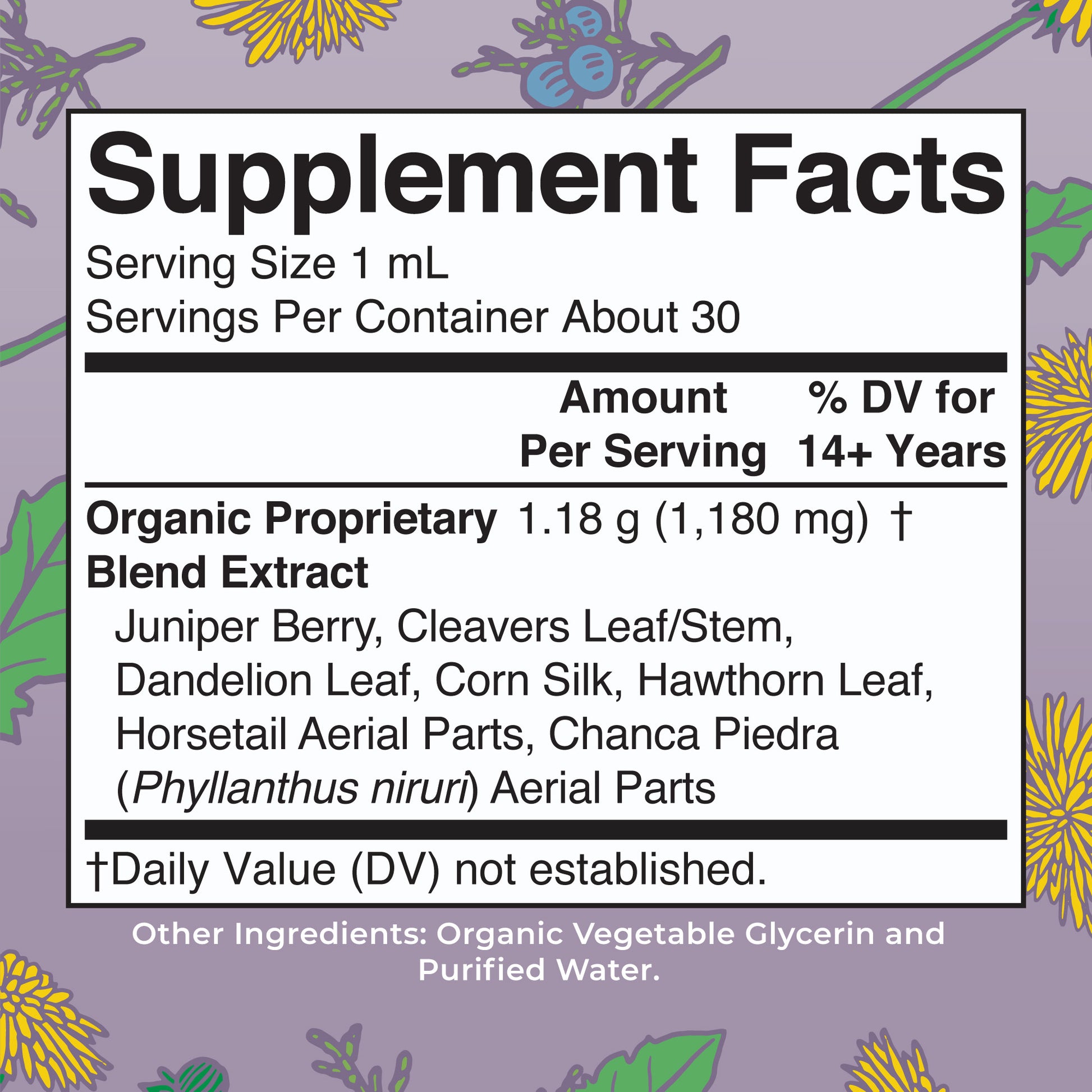 Organic Kidney & Bladder Herbal Blend Liquid Drops Supplement Facts