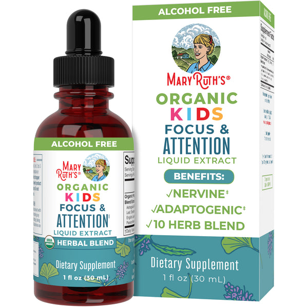 MaryRuth Kids Focus & Attention Vitamin Liquid Drops Herbal Blend Product Image Bottle + Box