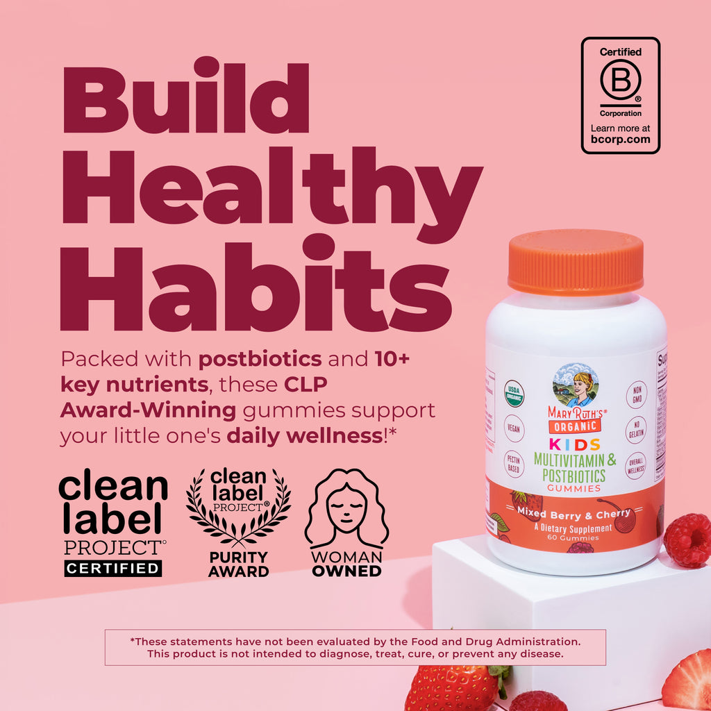 Organic Kids Multivitamin + Postbiotics Gummies Mixed Berry & Cherry 60ct Build Healthy Habits
