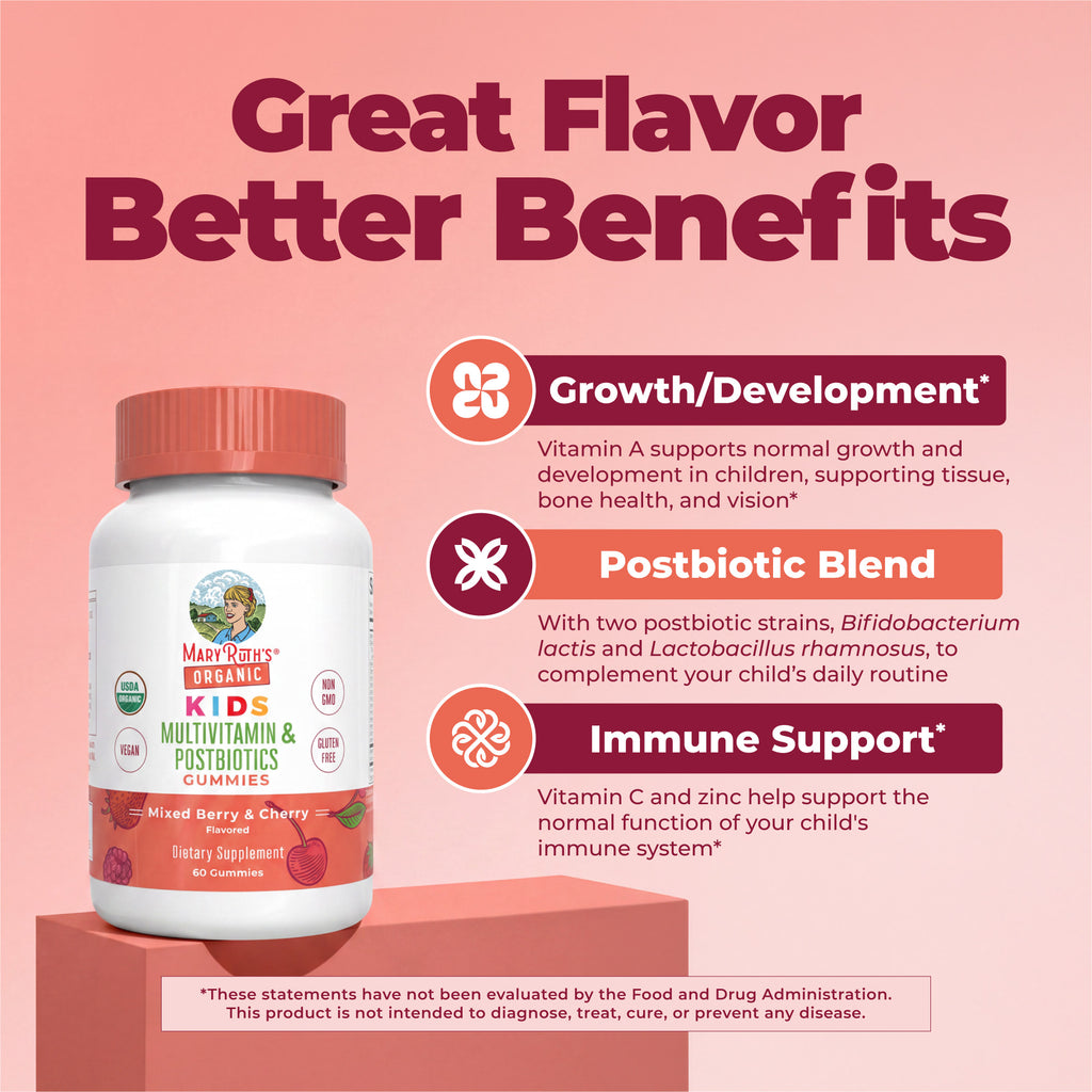 Organic Kids Multivitamin Postbiotics Gummies Mixed Berry Cherry 60ct Great Flavor Better Benefits