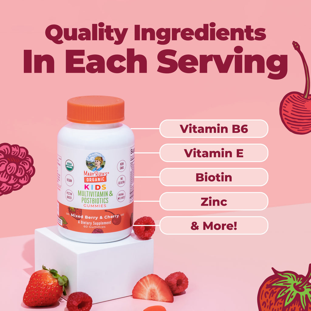 Organic Kids Multivitamin Postbiotics Gummies Mixed Berry Cherry 60ct Ingredients