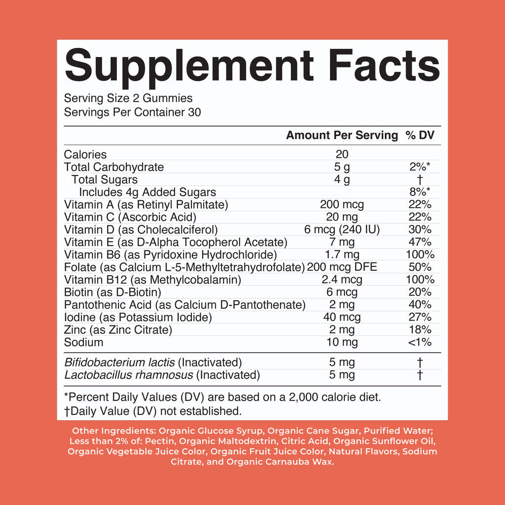 Organic Kids Multivitamin Postbiotics Gummies Mixed Berry Cherry 60ct Supplement Facts