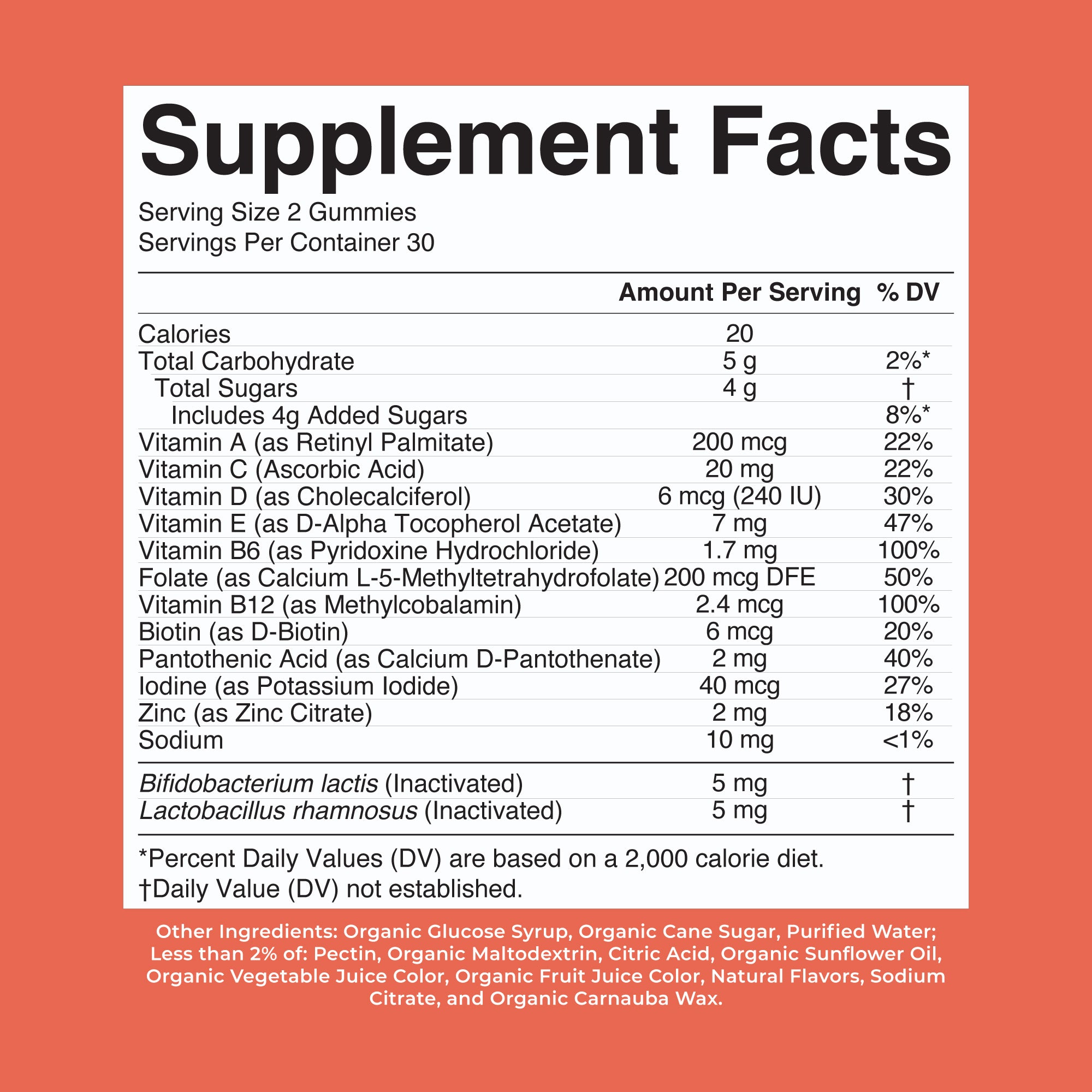 Organic Kids Multivitamin Postbiotics Gummies Mixed Berry Cherry 60ct Supplement Facts