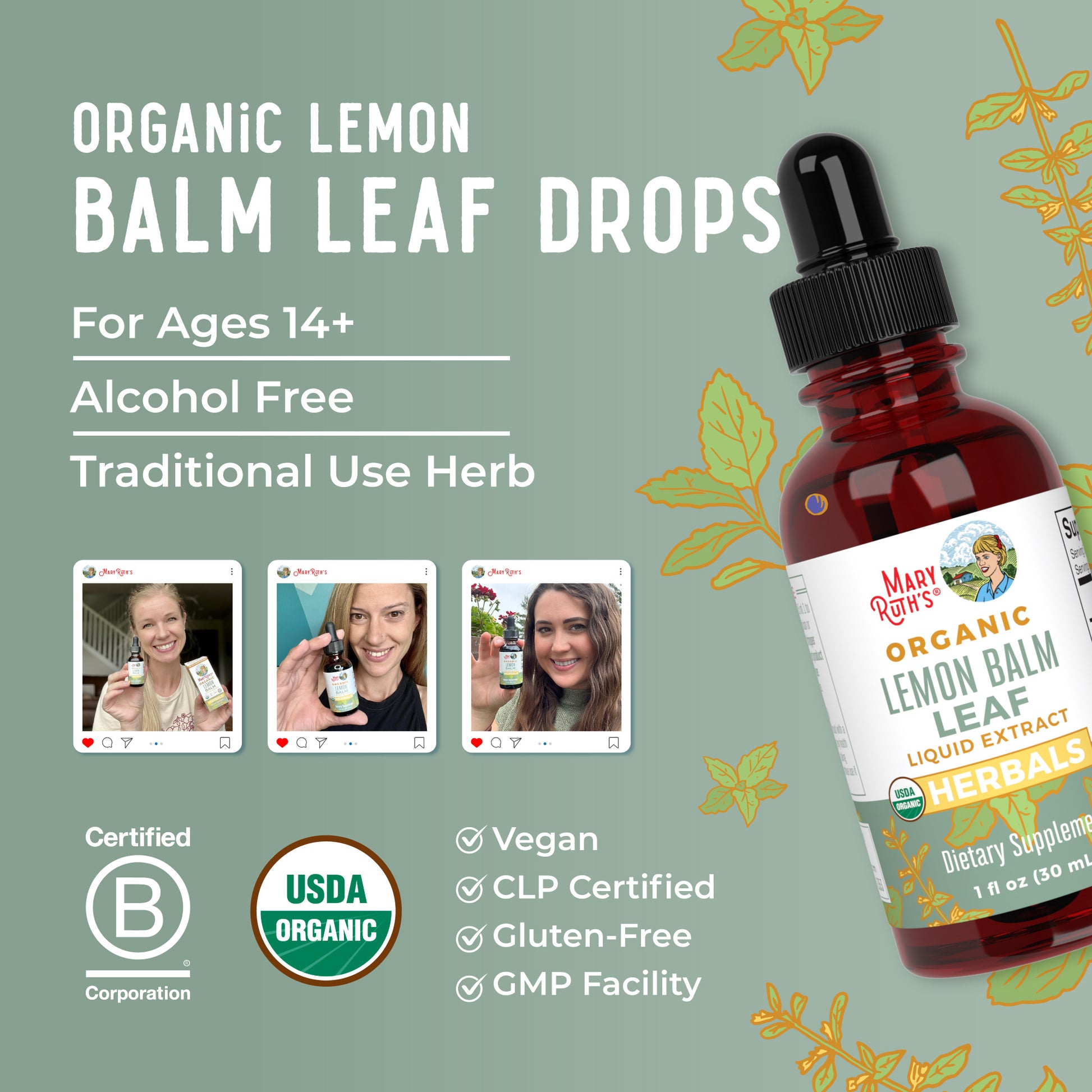 Organic Lemon Balm Leaf Liquid Drops Lifestyle Bottle