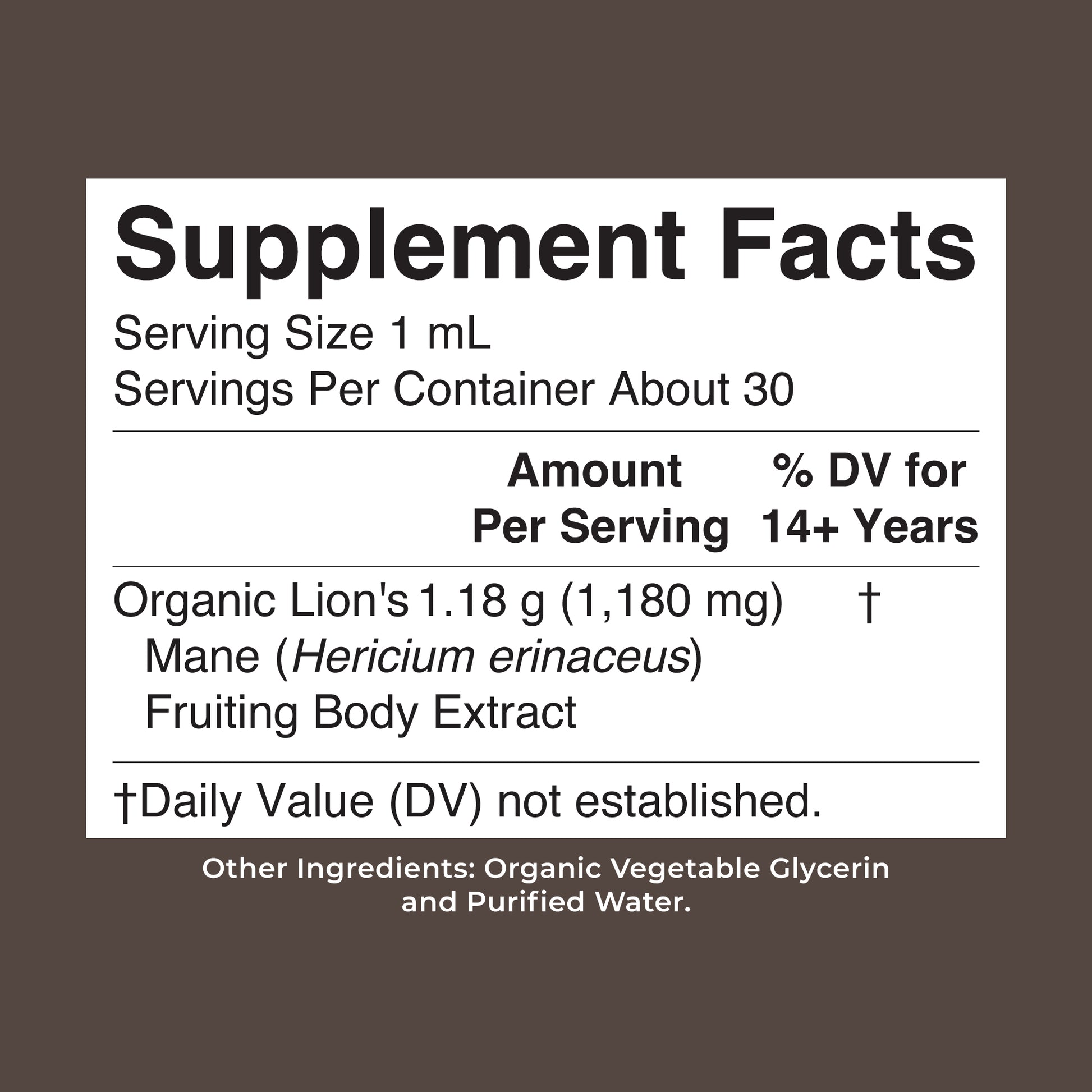 Organic Lion’s Mane Liquid Drops 1oz Supplement Facts