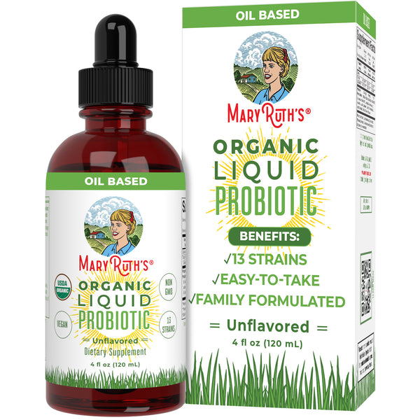 MaryRuth Organic Liquid Probiotic Drops 4oz Unflavored Product Image Bottle + Box