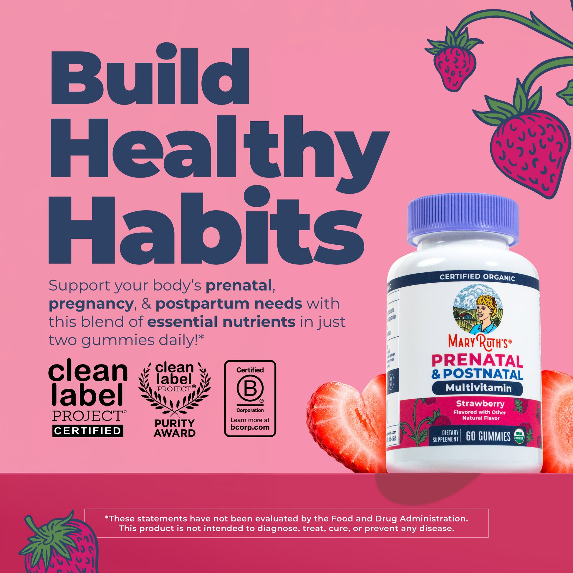 Organic Prenatal Postnatal Multivitamin Gummies Strawberry 60ct Build Healthy Habits