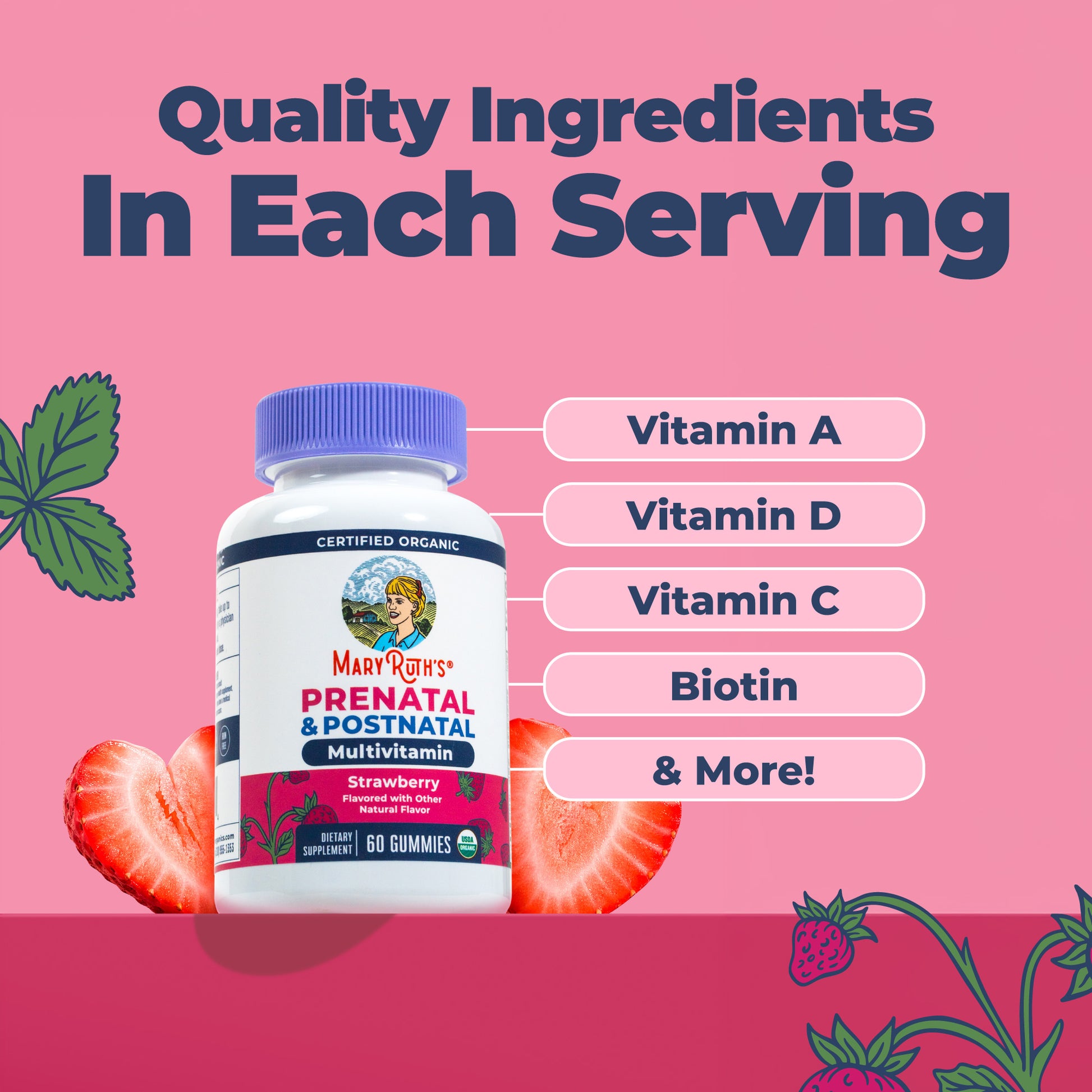 Organic Prenatal Postnatal Multivitamin Gummies Strawberry 60ct Ingredients