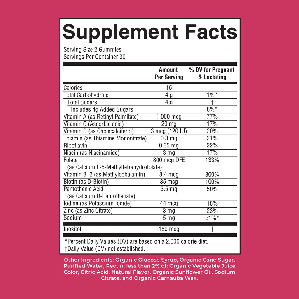 Organic Prenatal Postnatal Multivitamin Gummies Strawberry 60ct Supplement Facts
