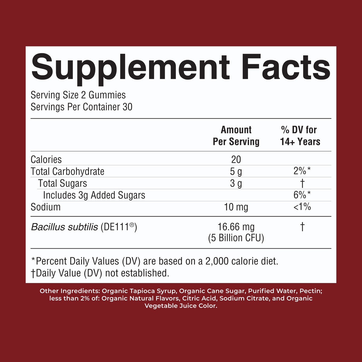 Organic Probiotic Gummies Strawberry 60ct Supplement Facts